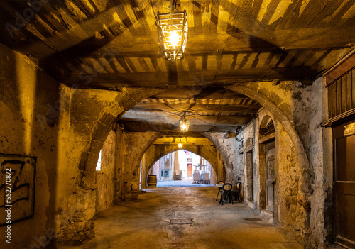 Historic XIII century Rue Obscure Dark Covered Street underground passageway under harbor front houses in old town quarter of Villefranche-sur-Mer in France