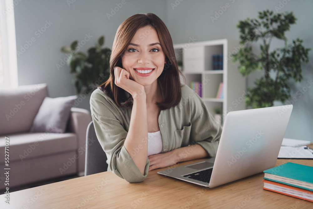 Photo of cheerful charming lawyer girl sit chair use wireless netbook hand touch cheek toothy smile modern office inside Photo of cheerful charming lawyer girl sit chair use wireless netbook hand touch cheek toothy smile modern office inside