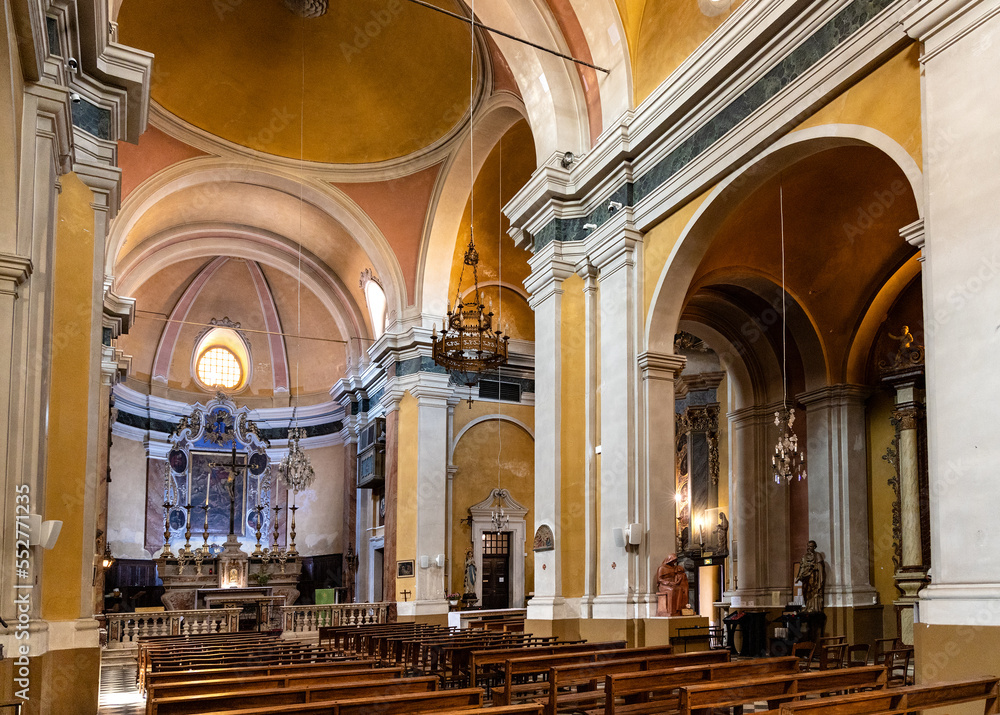 Main nave and presbytery of St. Michael church in old town quarter at Azure Cost of Mediterranean Sea in Villefranche-sur-Mer resort town in France