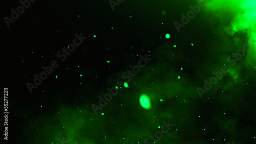 Green fire embers particles texture overlays . Sparkle burn effect on isolated black background for movie scenes.