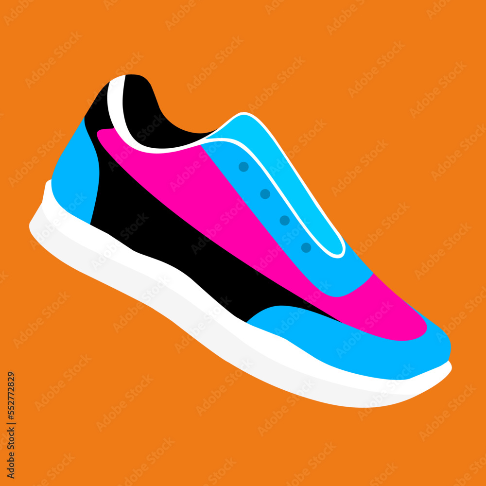 Sneakers with thick soles. Women's sneakers in a flat style on an orange background. Trendy colored side view sneakers. Sneakers fashion. Vector illustration Sneakers with thick soles. Women's sneakers in a flat style on an orange background. Trendy colored side view sneakers. Sneakers fashion. Vector illustration