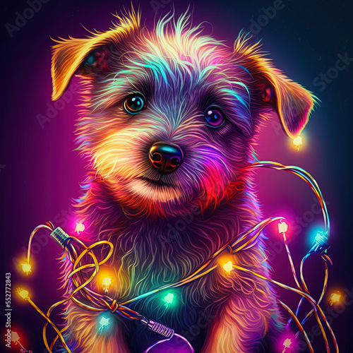 Adorable terrier puppy tangled in colorful Christmas lights, colorful, synthwave colors