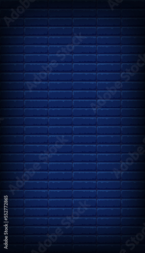 Nightly dark blue brick wall. Vector vertical background for neon lights or text, brickwork texture.