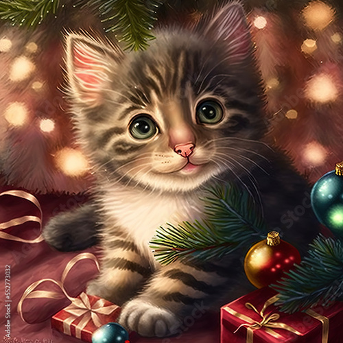 Adorable kitten under Christmas tree with Gifts. 