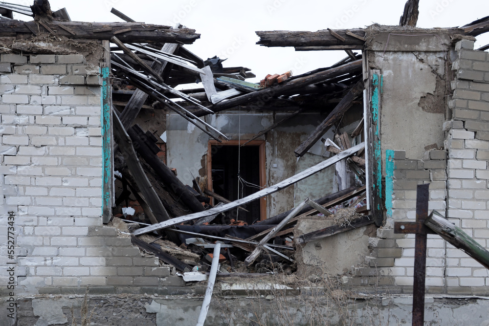destroyed house, building after Russian shelling. Consequences of a Russian strike in Liman, Ukraine