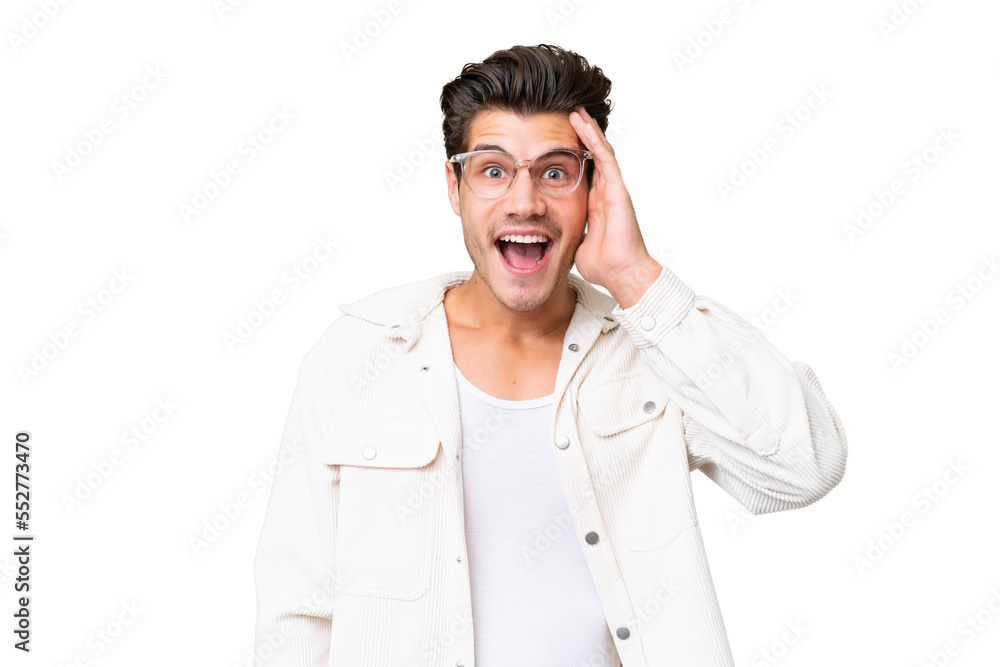 Young handsome caucasian man over isolated background with surprise and shocked facial expression Young handsome caucasian man over isolated background with surprise and shocked facial expression
