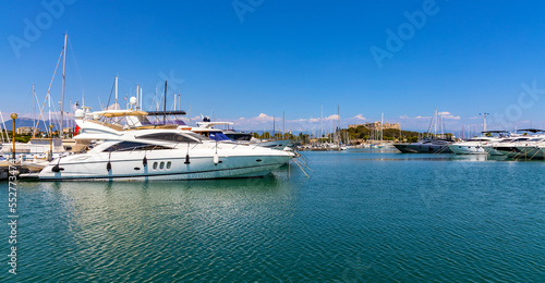 Panoramic view of harbor, port and yacht marina and Fort Carre castle offshore Azure Cost of Mediterranean Sea in Antibes resort town in France © Art Media Factory