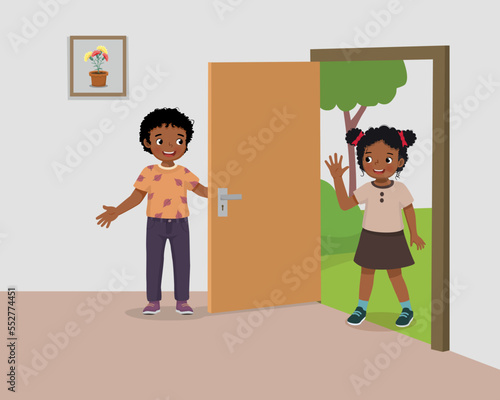 Cute little African boy open the door for girl friend welcoming guest
