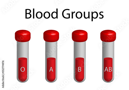 Blood groups in test tube 3d design. ABO Blood groups. Blood donation. Four types, A,B, AB and O groups, made up from combinations of of type A and type B antigens. Blood test. Vector illustration.