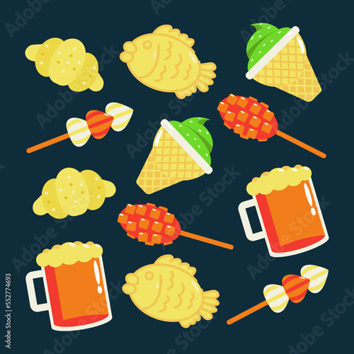 Korean street food. Pattern of corn hot dogs, buns, ice cream and beer
