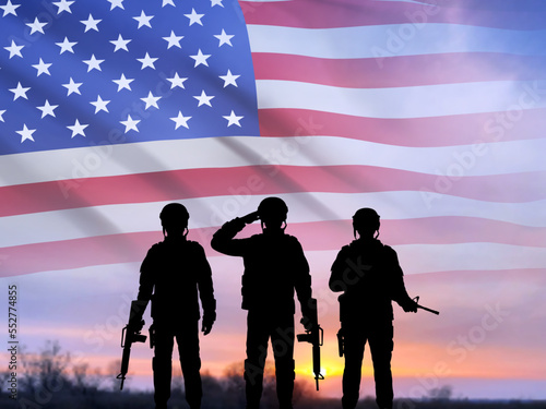 Silhouette of army soldiers with USA flag on a background the sunset or the sunrise. Greeting card for National Guard Day -13 December. EPS10 vector