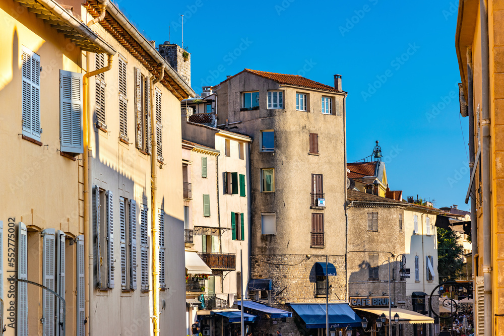Place Jacques Audiberti square with colorful vintage houses in historic old town of Antibes resort city onshore Azure Cost of Mediterranean Sea in France