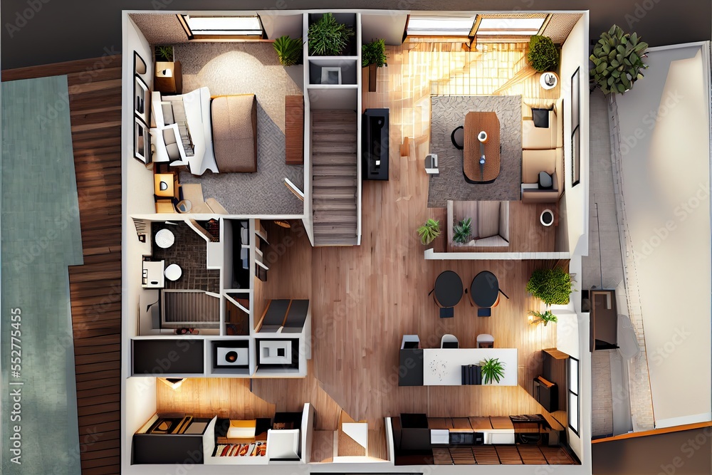 Floor plan of a house top view 3D illustration. Stock Illustration