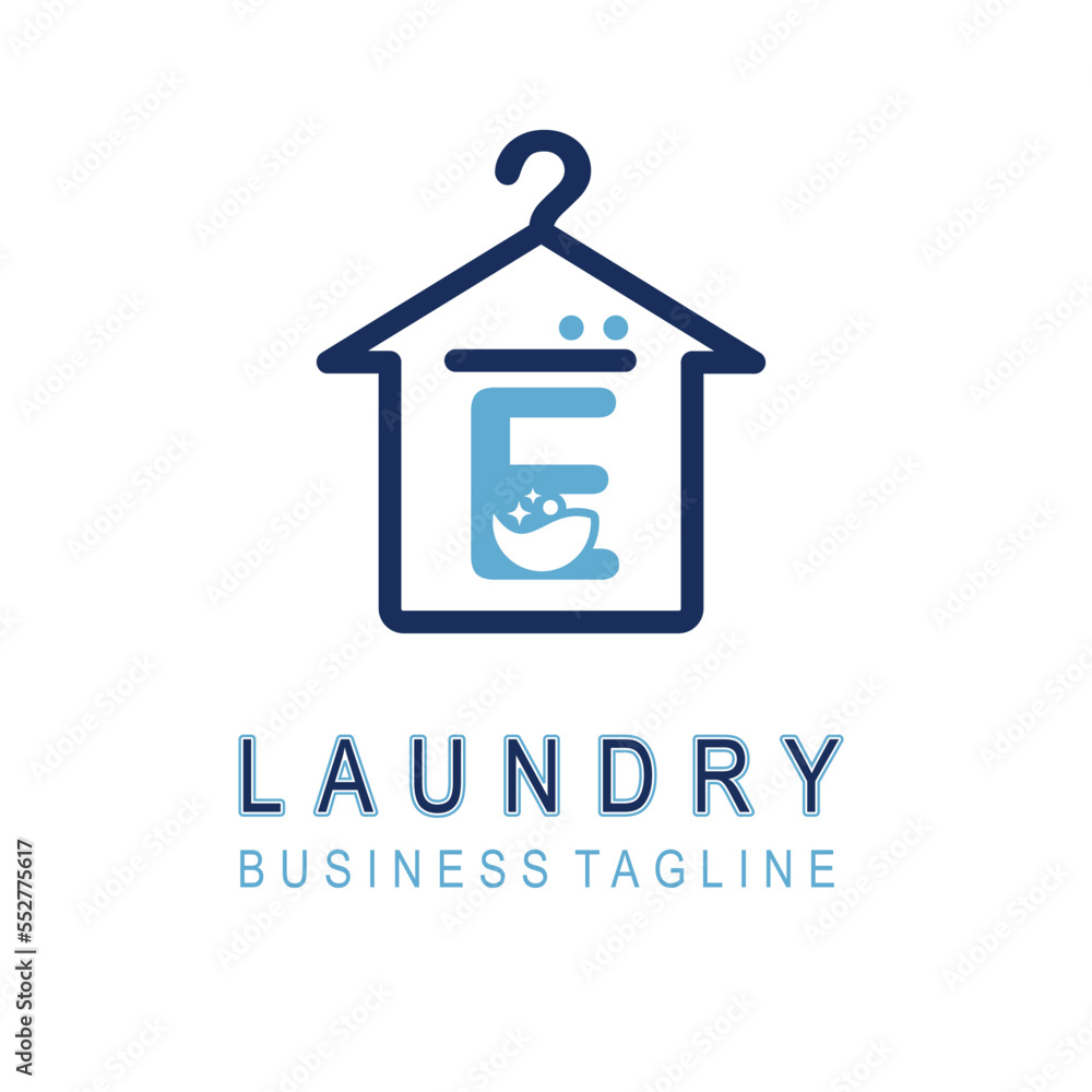 Letter E for Laundry Business Logo Design Idea Template with House and Hanger Icon. Dry Cleaning Clothes Wash Machine Letter E for Laundry Business Logo Design Idea Template with House and Hanger Icon. Dry Cleaning Clothes Wash Machine