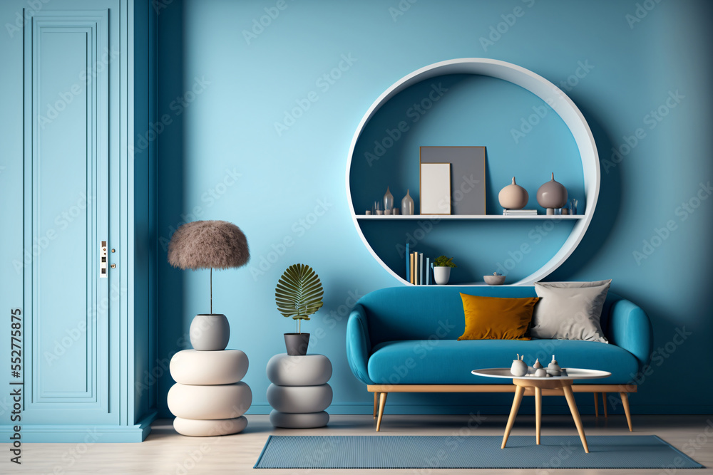 clean blue room, interior, pastel color, modern colorful, modern