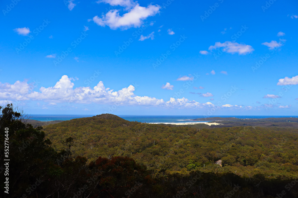 View of the Port Stephens area from the Gan Gan lookout on a clear sunny day