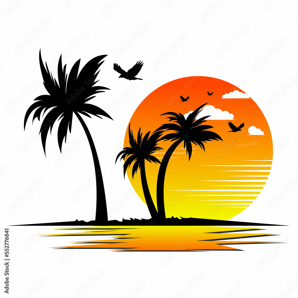 trees on the beach. Tropical Sea Landscape, Silhouettes Island with
