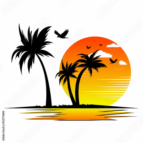 trees on the beach. Tropical Sea Landscape  Silhouettes Island with Palm Trees and Exotic Flowers  Ship  Sky with Clouds  Sun and Birds Gulls. Eps10  Contains Transparencies. Vector of an sea view