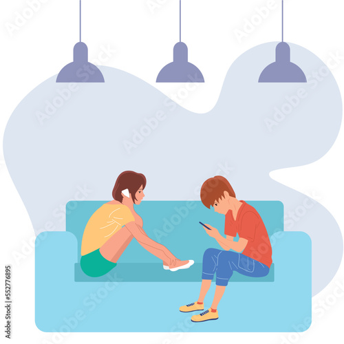 A young guy and a girl are sitting on the couch and looking at the phone. Cozy room.Vector.