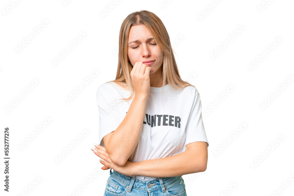 Young volunteer woman over isolated chroma key background having doubts Young volunteer woman over isolated chroma key background having doubts