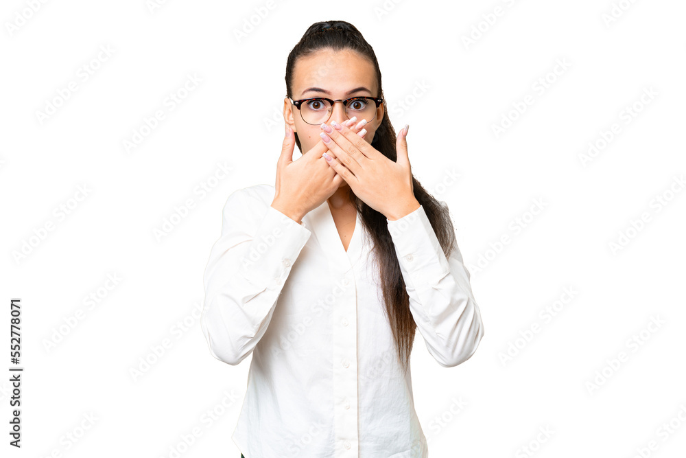 Young Arabian woman over isolated chroma key background covering mouth with hands Young Arabian woman over isolated chroma key background covering mouth with hands