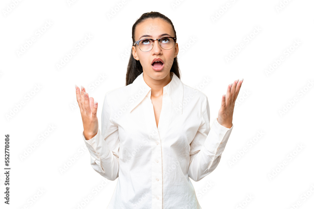 Young Arabian woman over isolated chroma key background stressed overwhelmed Young Arabian woman over isolated chroma key background stressed overwhelmed
