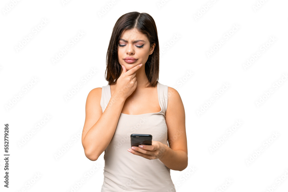 Young Russian woman over isolated chroma key background thinking and sending a message Young Russian woman over isolated chroma key background thinking and sending a message