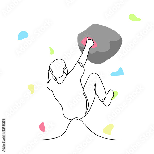 man on Rock climbing training - one line drawing vector. concept climbing scene in the gym at the climbing wall