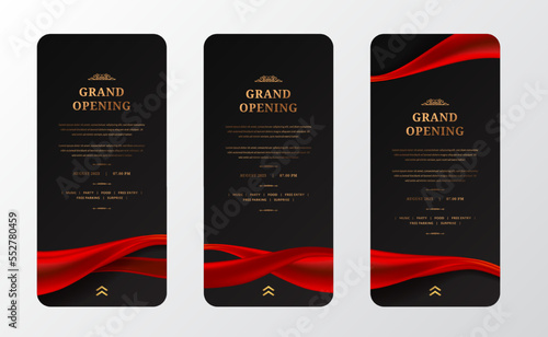 social media stories for grand opening layout announcement with shiny glossy Red satin silk decoration with black background