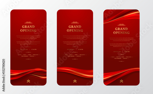 social media stories for grand opening layout announcement with shiny glossy Red satin silk decoration with red background