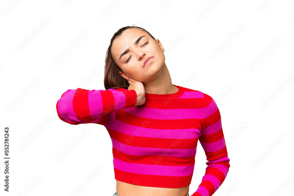 Young beauty woman over isolated chroma key background with neckache Young beauty woman over isolated chroma key background with neckache