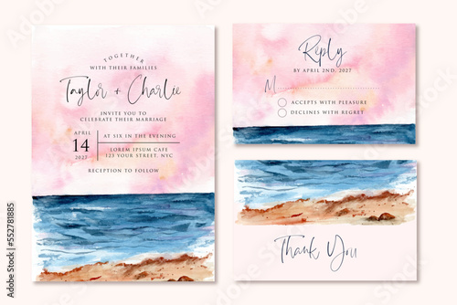 wedding invitation set with beautiful beach view watercolor landscape