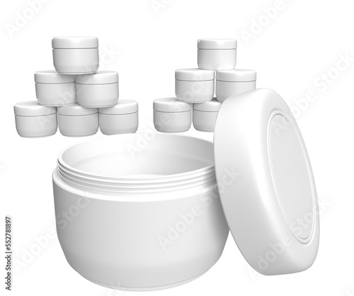 3D illustration - Set of cream jars, one with an open lid.