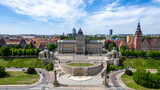 Szczecin - aerial city landscape. The Chrobry shafts, the theater and the panorama of the city. Monuments and tourist attractions of the city of Szczecin: Hakena Terrace, Chrobrego Boulevard.