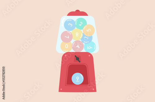 Flat design of spin machine with random numbers, Thai lotto, Thai lottery machine random numbers, lucky random gambling game, lotto ball number zero to nine, entertaining gambling game.