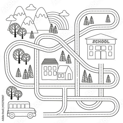 Vector maze game for kids with vehicles and tangled road. Help school bus find path to school. Labyrinth back to school. Coloring book page