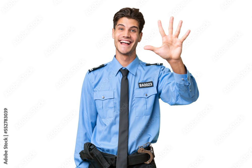 Young police man over isolated background counting five with fingers Young police man over isolated background counting five with fingers