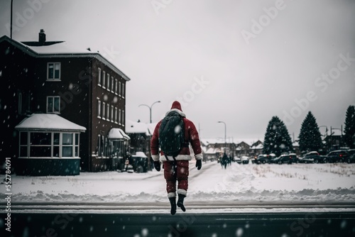Santa walking in the city. Snow. Generative AI