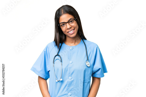 Young African american nurse woman over isolated background laughing