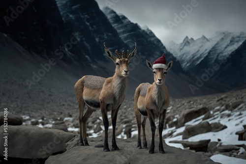 Reindeer wearing christmas hat. funny. generative AI