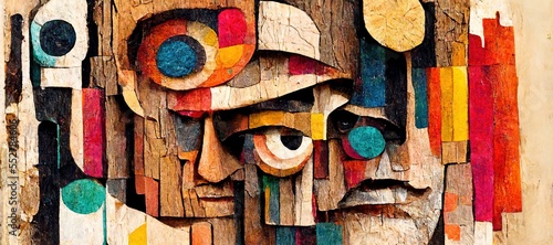 Abstract colorful Portrait of Human face on wood bark. Bold Brush. Generative AI	
 photo