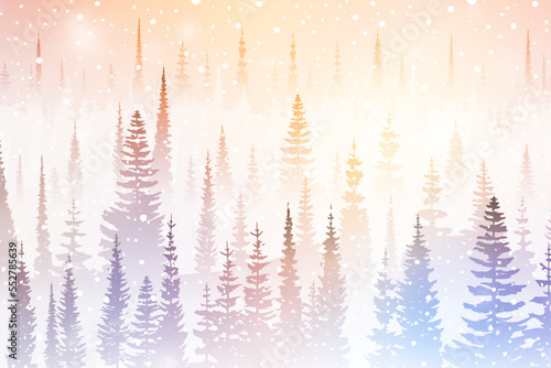 Dreamy winter forest, snowfall and bokeh effect, bright holiday background, vector illustration