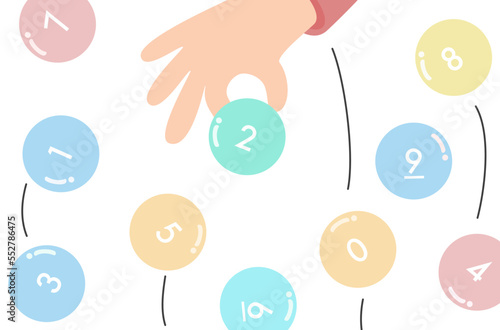 Flat design of hand grab random numbers, Thai lotto, Thai lottery random numbers, lucky random gambling game, lotto ball number zero to nine, entertaining gambling game.