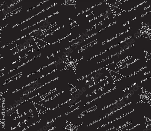 Vintage education background. Trigonometry law theory and mathematical formula equation on blackboard. Vector hand-drawn seamless pattern.