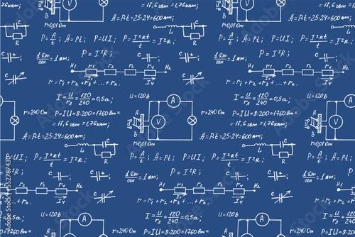 Physics, electronic engineering, mathematics equation, scheme and calculations, endless hand writing. Vector blueprint. Technology seamless pattern.