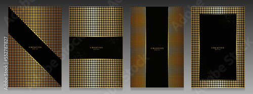 Modern luxury cover set. Black and golden background. Elegant template with abstract  geometric pattern. Premium vector for fashionable menu, vip card, elite brochure, precious flyer.