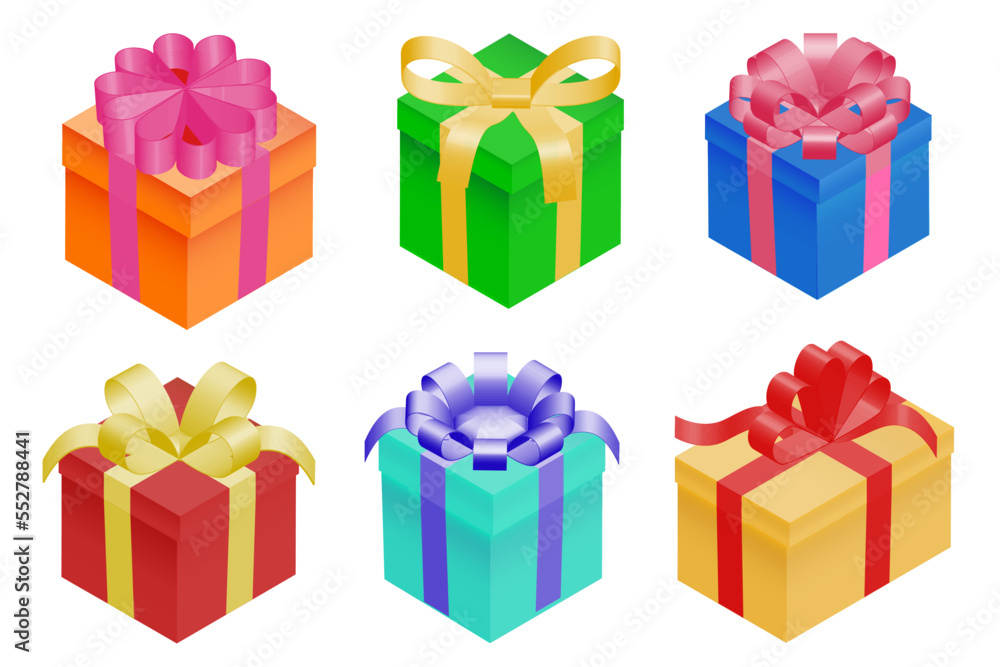 Gift boxes collection. Colorful boxes, isometric projection isolated on white background. Gift boxes collection. Colorful boxes, isometric projection isolated on white background.