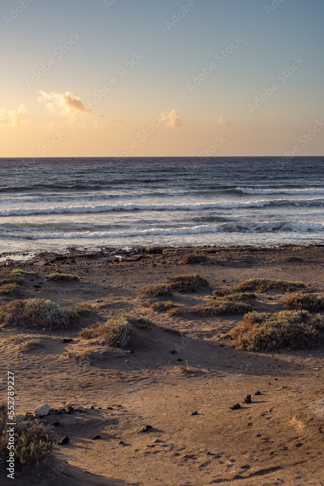 Sunrise on the beach. Desert landscape. Waves break against the coast of sand and rocks. Clear sky. Sand dunes and desert vegetation. El Medano, Tenerife, Canary Islands, Spain. Sunrise on the beach. Desert landscape. Waves break against the coast of sand and rocks. Clear sky. Sand dunes and desert vegetation. El Medano, Tenerife, Canary Islands, Spain.