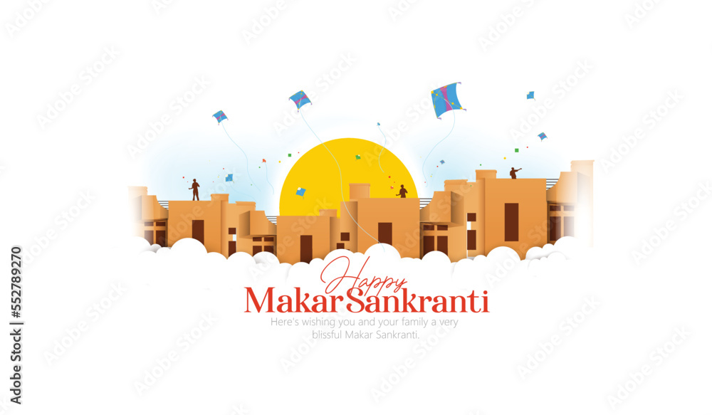 Happy Makar Sankranti Festival with Kites, Cloud and Sun - obrazy, fototapety, plakaty 