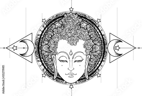 Buddha face over ornate mandala round pattern. Esoteric vintage vector illustration. Indian, Buddhism, spiritual art. Hippie tattoo, spirituality, Thai god, yoga zen Coloring book pages for adults.